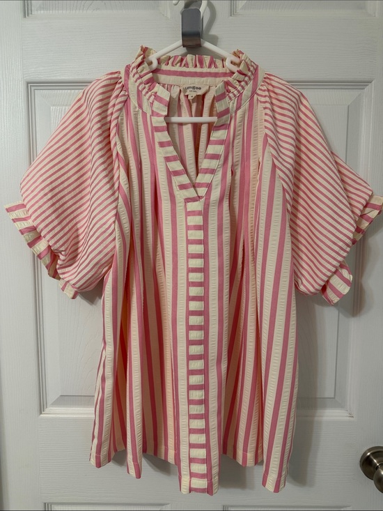 Umgee Tops - Umgee Pink and Cream Striped Ruffle Top